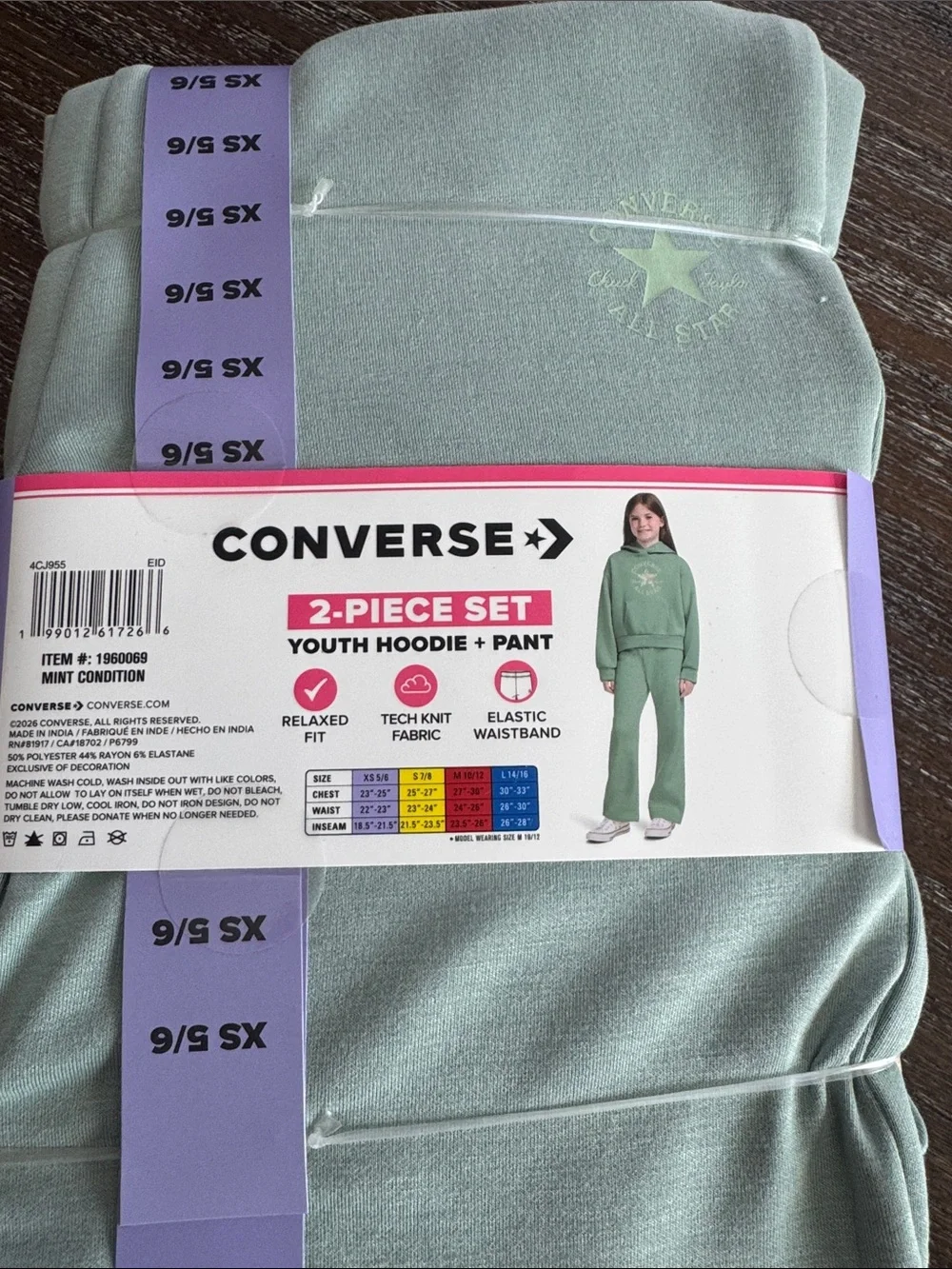 Converse Youth Mint Green 2-Piece Hoodie & Pant Set Size XS 5/6